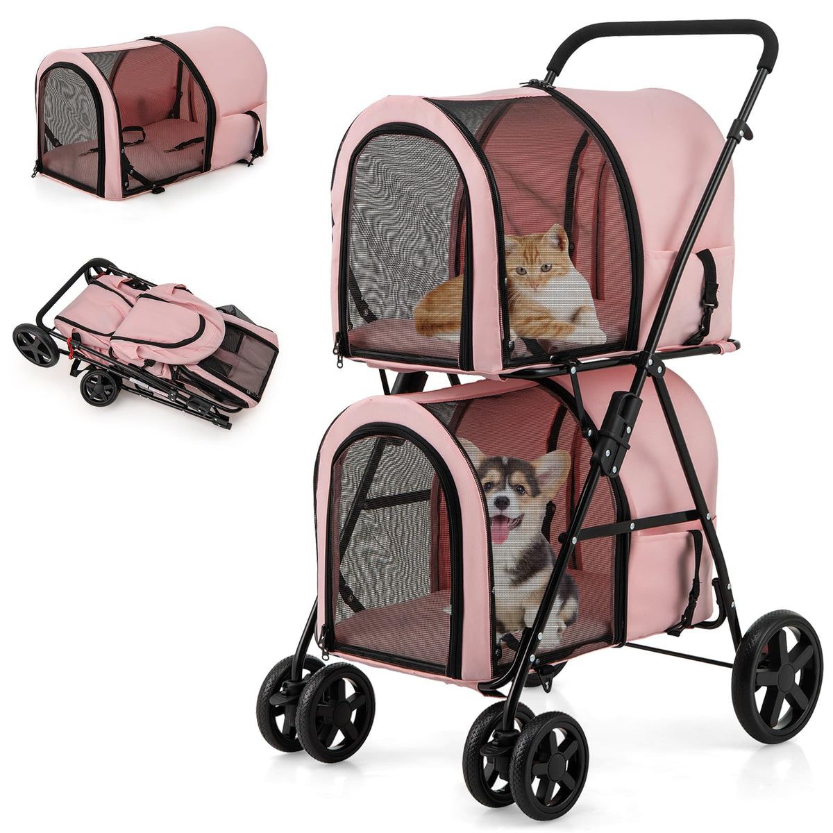 Double Pet Stroller with 2 Detachable Carrier Bags Pink A405