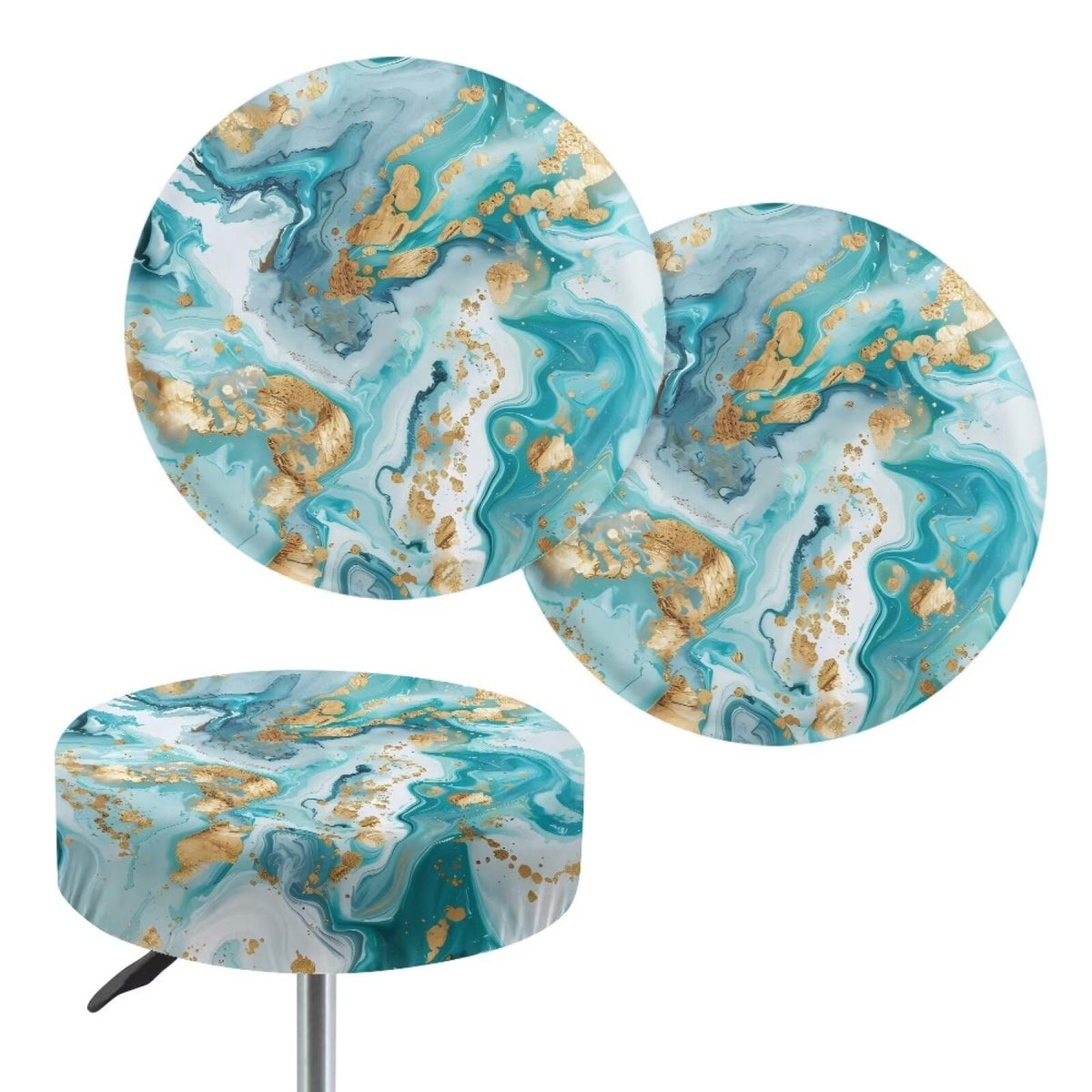 Teal Gold Marble 2 Pack Round Bar Stool Seat Cover O25362