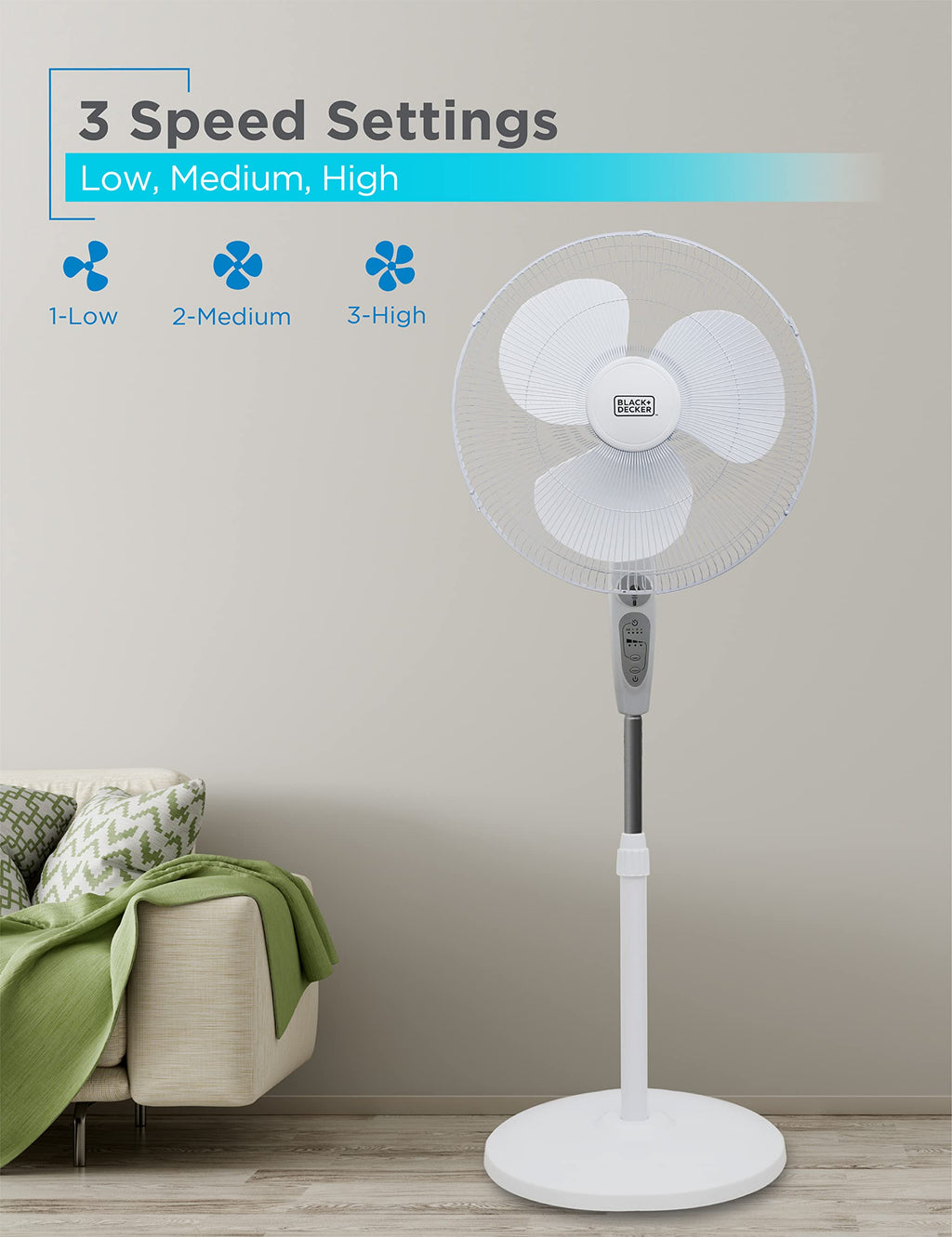 18-Inch Stand Fan with Remote and 3-Speed Settings, White Z269