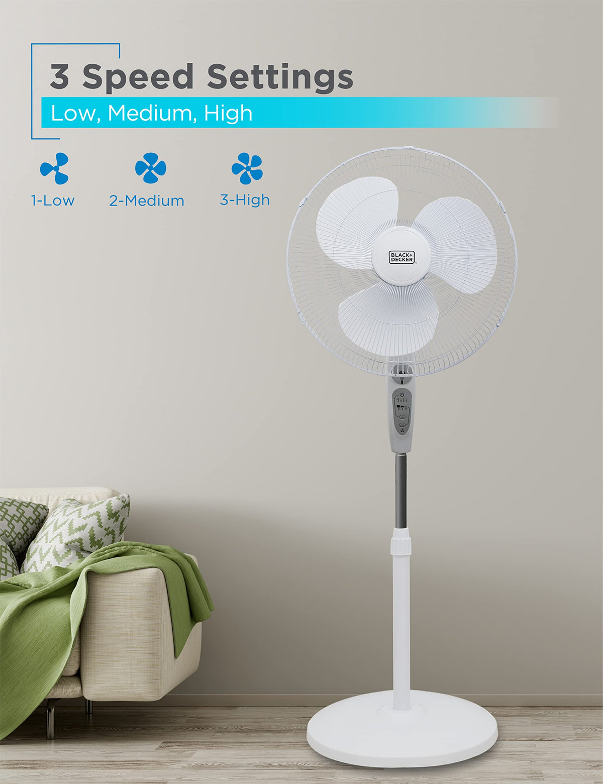 18-Inch Stand Fan with Remote and 3-Speed Settings, White Z269