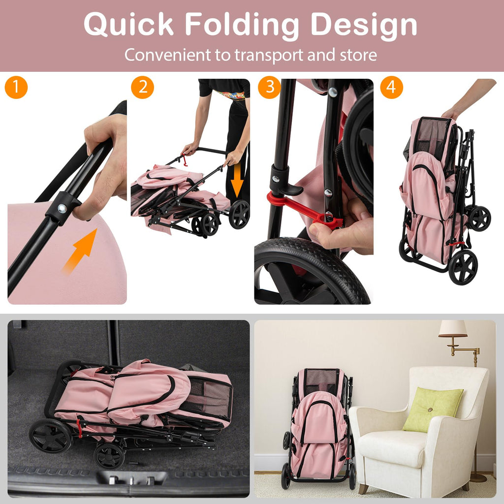 Double Pet Stroller with 2 Detachable Carrier Bags Pink A405