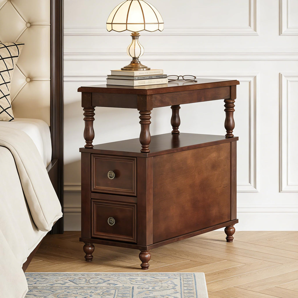 Solid Wood End Table with 2 Drawers and 2-Tier Open Shelf R730476
