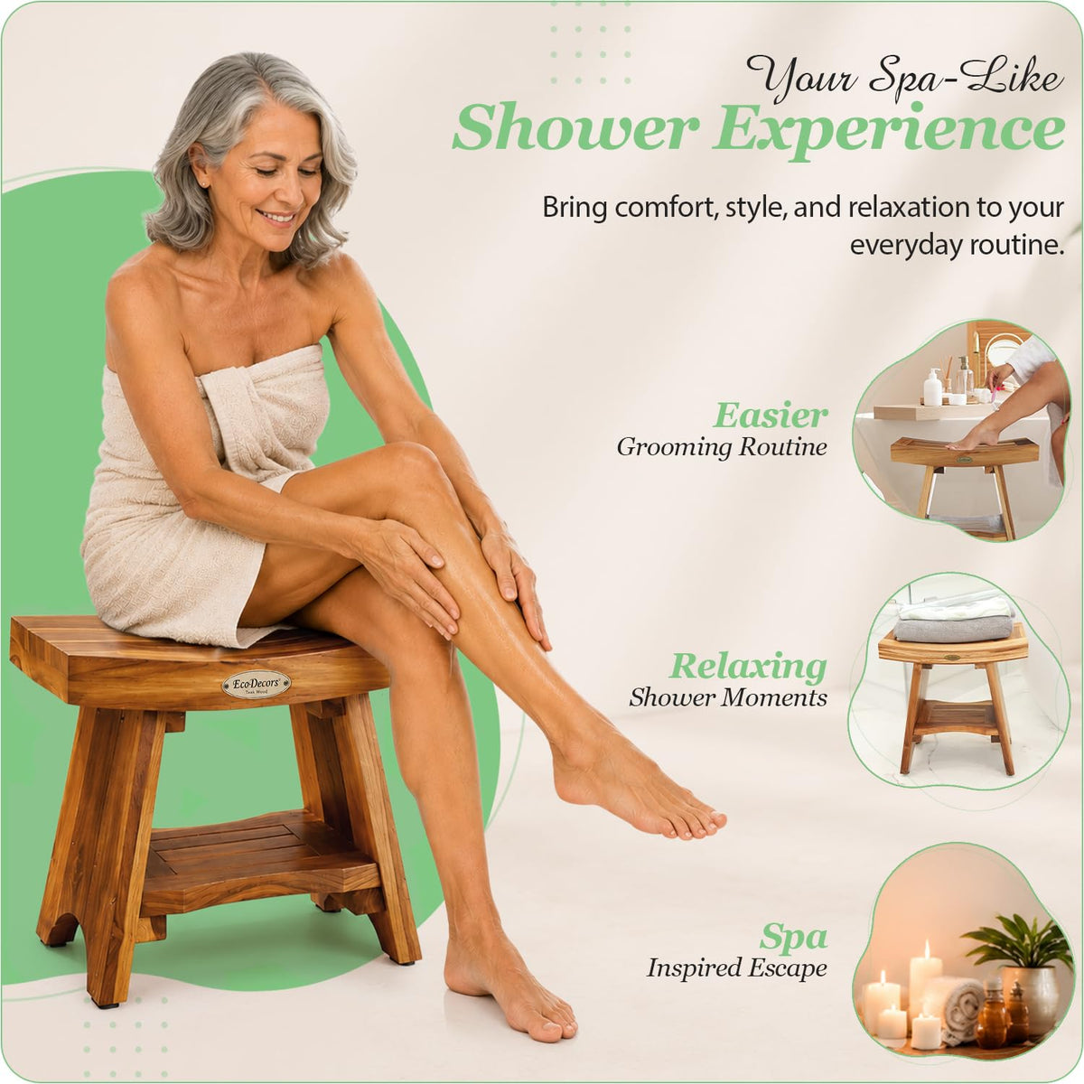 18" Solid Teak Shower Bench with Shelf A799