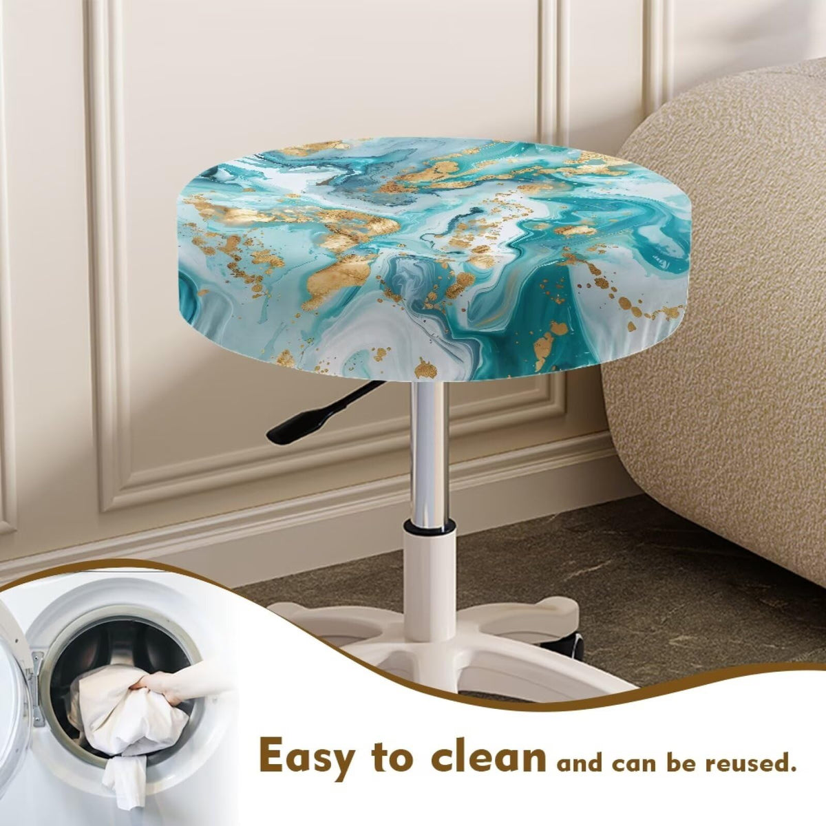 Teal Gold Marble 2 Pack Round Bar Stool Seat Cover O25362