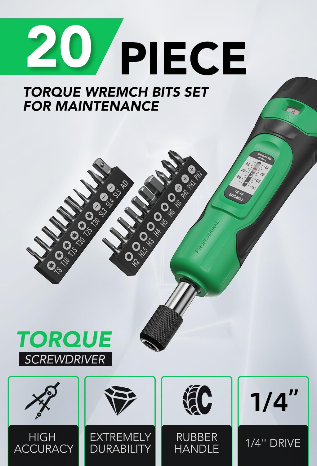 1/4" Drive 10-70 Inch Pounds 20 Pcs Torque Screwdriver Set P23822