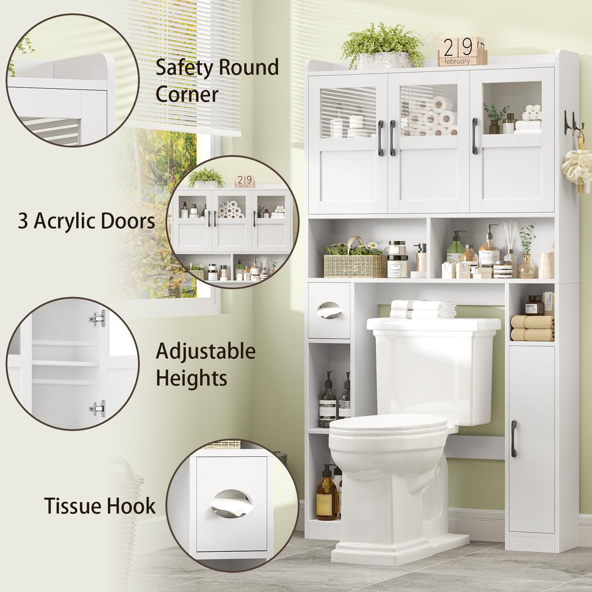 Over The Toilet Cabinet with 3 Acrylic Doors Y922
