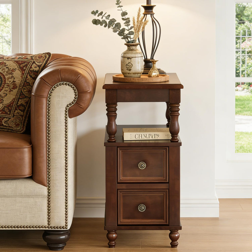 Solid Wood End Table with 2 Drawers and 2-Tier Open Shelf R730476