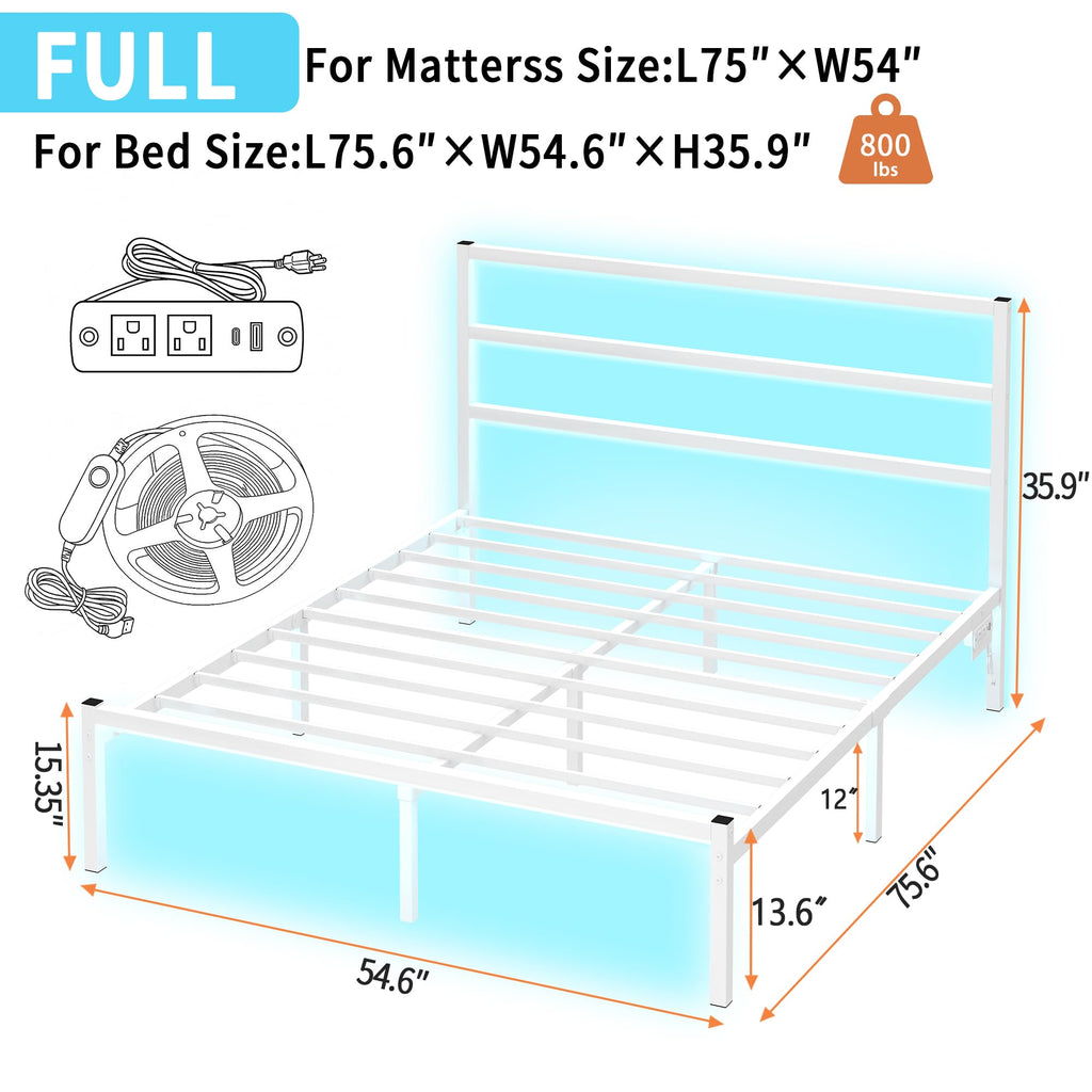 White Full Size Bed Frame with Headboard and USB Charging Station M239