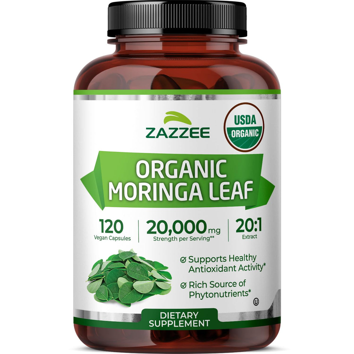 USDA Organic Moringa Leaf 20:1 Extract 120 Vegan Capsules Y4513