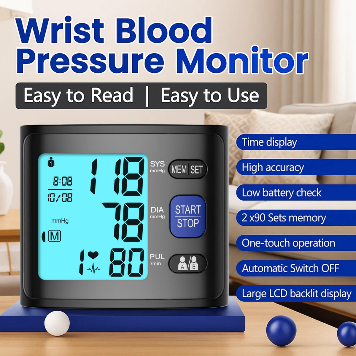 Wrist Blood Pressure Monitor with Backlit LCD Display O5281