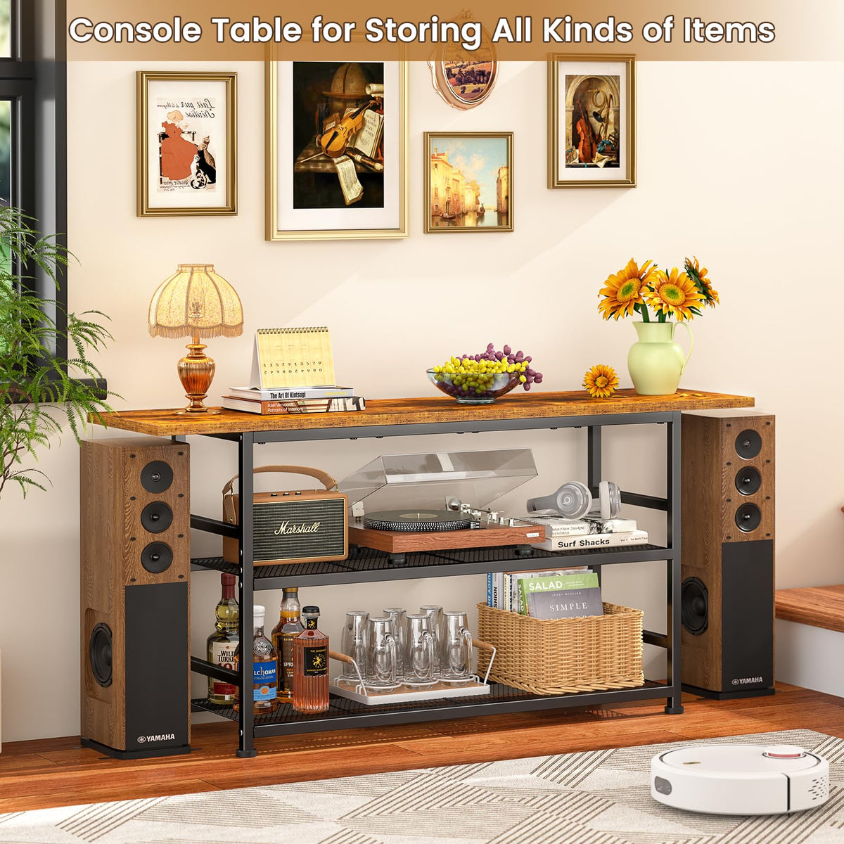 Rustic Brown TV Stand up to 55 Inch with 3 Tier Storage Shelves E1941