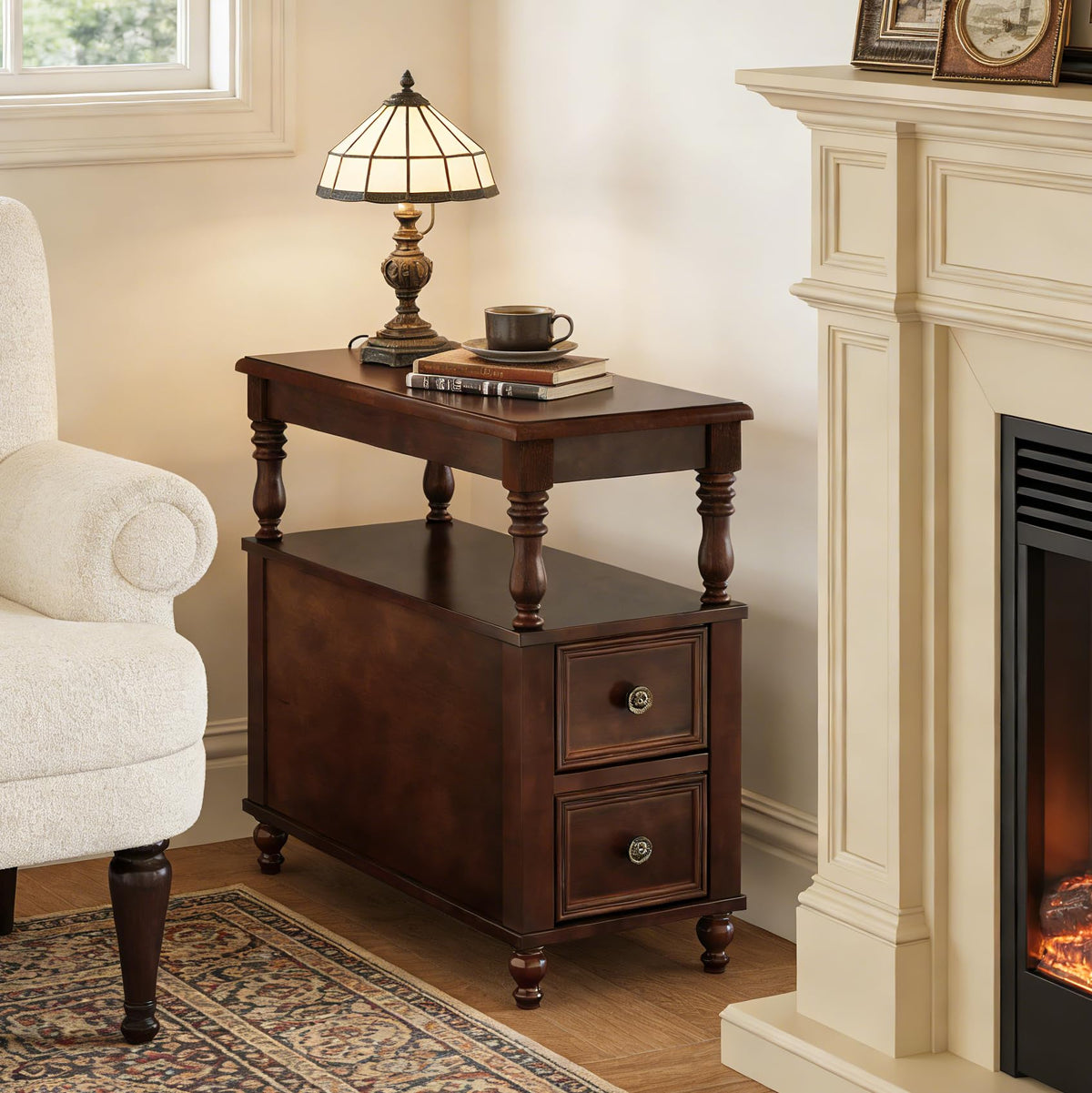 Solid Wood End Table with 2 Drawers and 2-Tier Open Shelf R730476