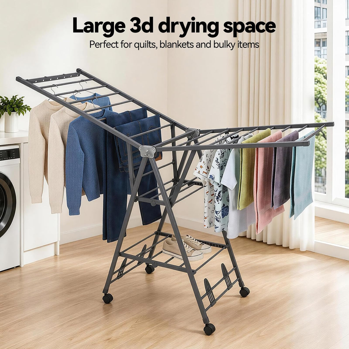 Foldable Metal Clothes Drying Rack with Wheels P49474