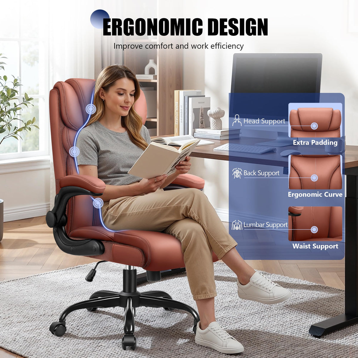 Brown High Back Office Chair with Flip-up Armrests Q28942