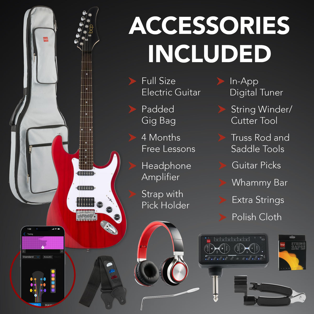 Cherry Red White Electric Guitar Kit with Headphone Amp D377