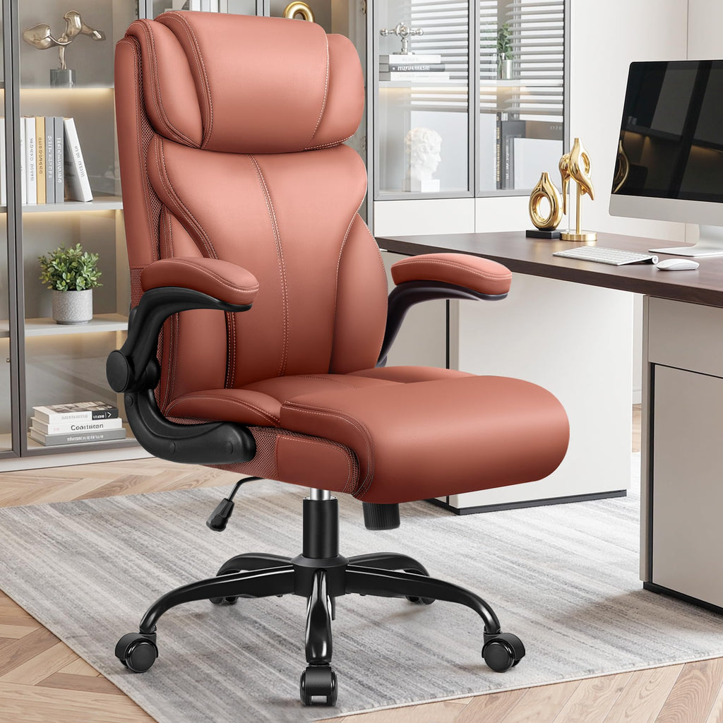 Brown High Back Office Chair with Flip-up Armrests Q28942