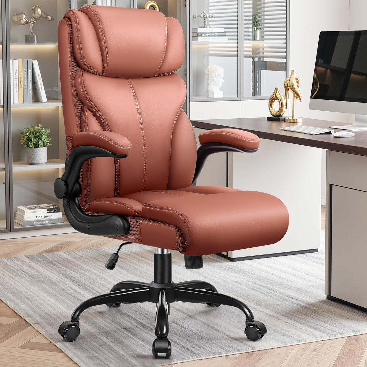 Brown High Back Office Chair with Flip-up Armrests Q28942