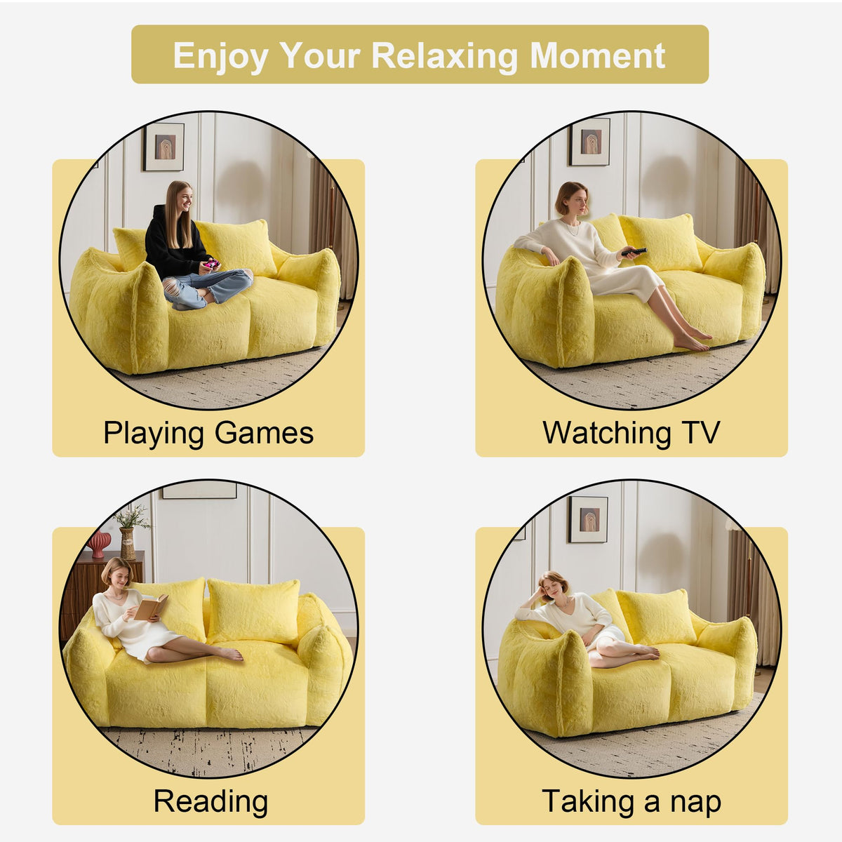 Oversized Yellow Fluffy Loveseat with Pillows Y55090