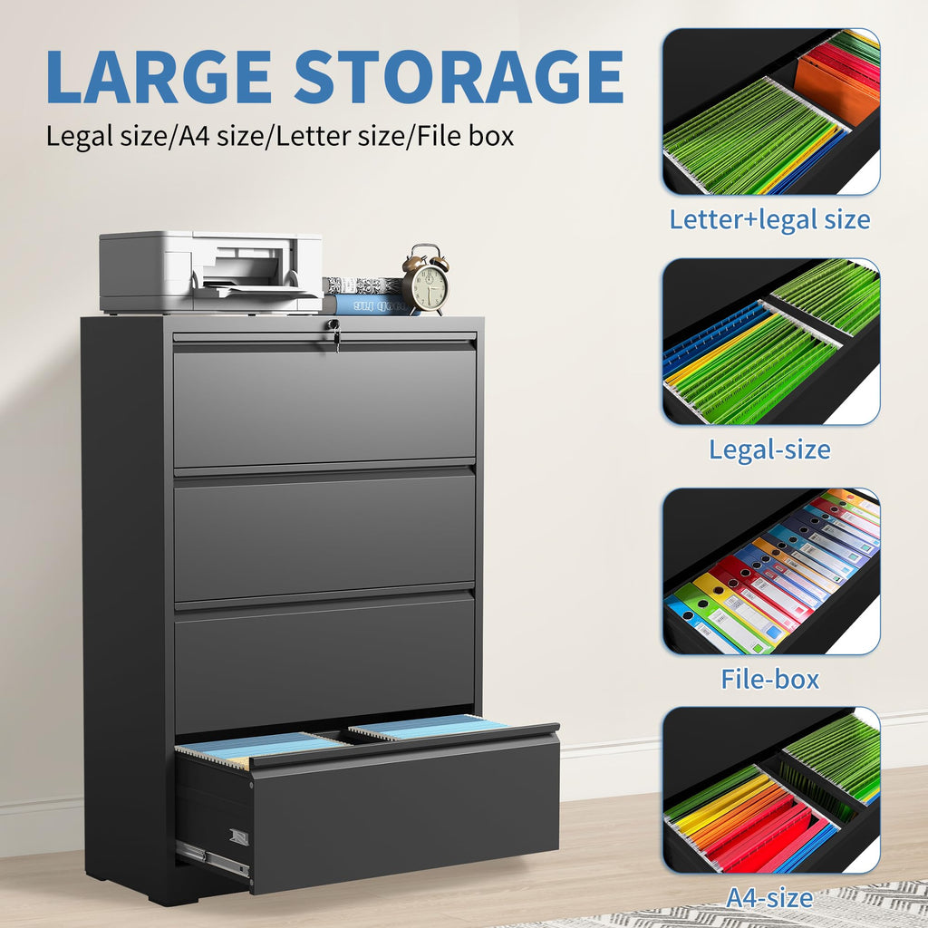 Black 4 Drawer Metal Lateral File Cabinet with Lock C990
