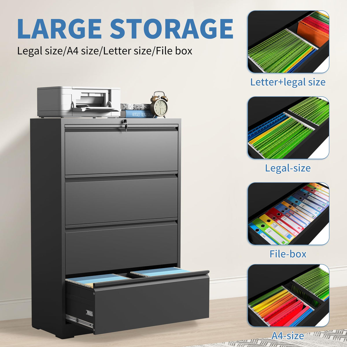 Black 4 Drawer Metal Lateral File Cabinet with Lock C990