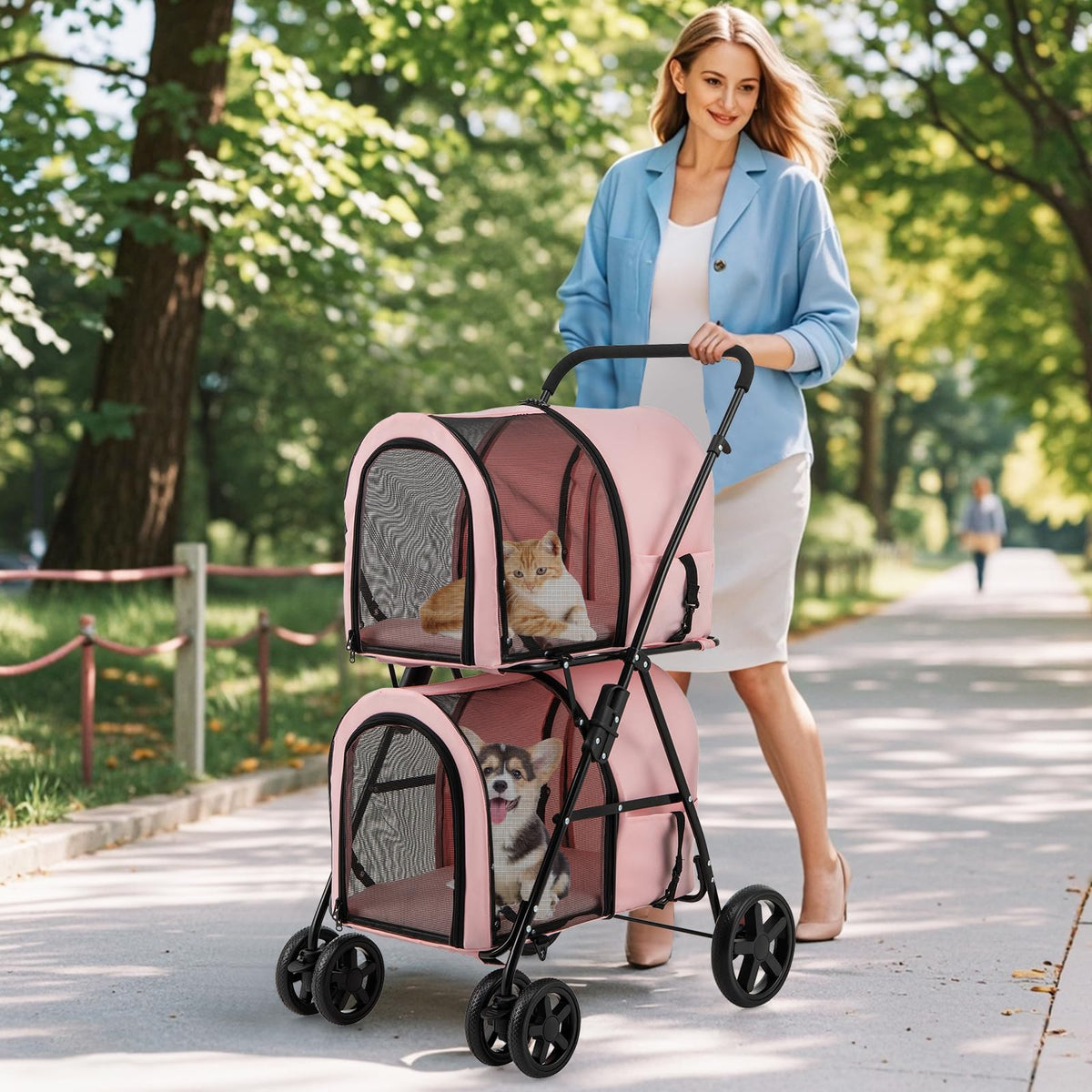 Double Pet Stroller with 2 Detachable Carrier Bags Pink A405