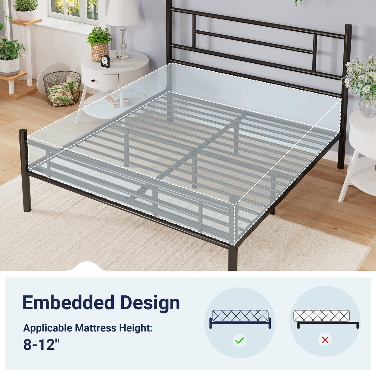 Full Size Black Metal Bed Frame with Headboard and Footboard A34039