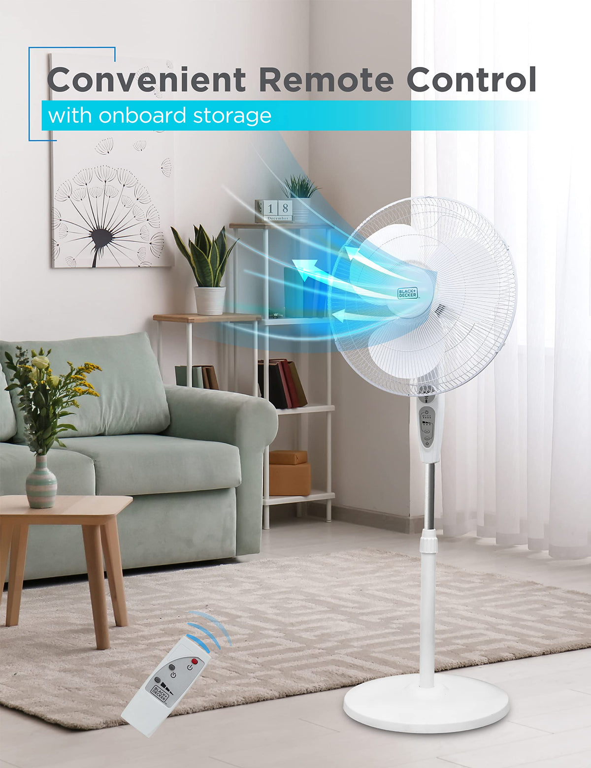 18-Inch Stand Fan with Remote and 3-Speed Settings, White Z269