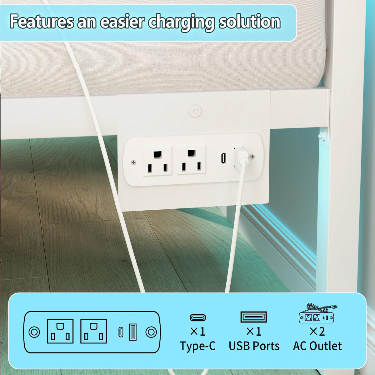 White Full Size Bed Frame with Headboard and USB Charging Station M239