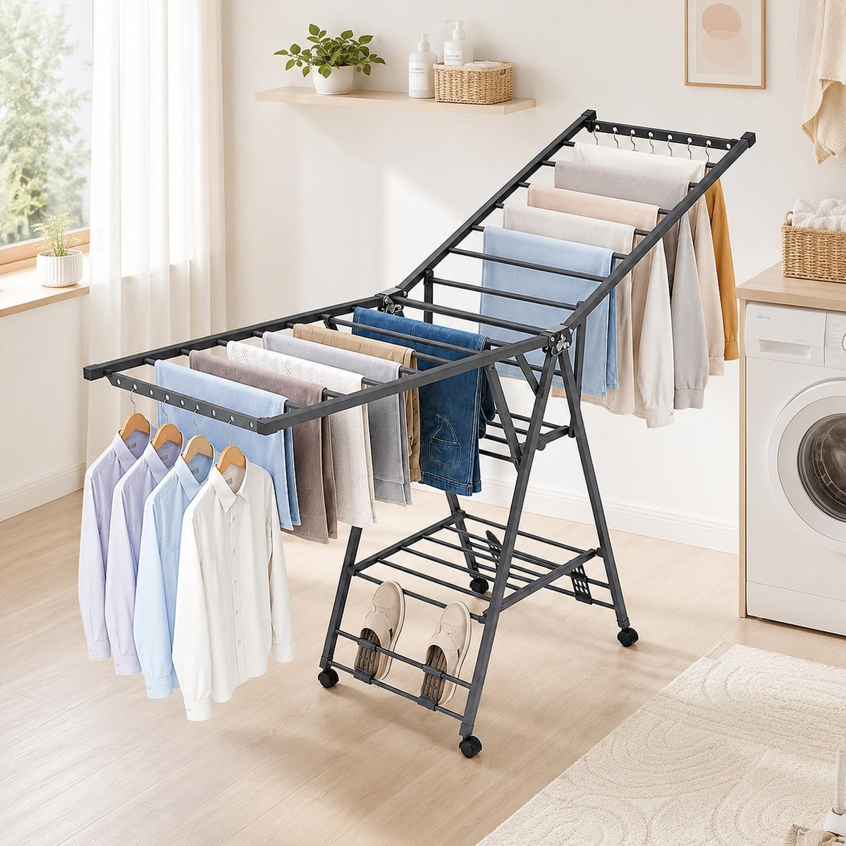 Foldable Metal Clothes Drying Rack with Wheels P49474