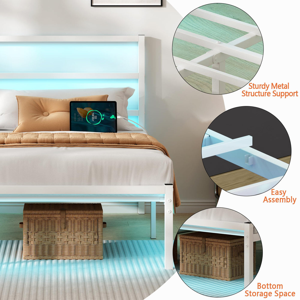 White Full Size Bed Frame with Headboard and USB Charging Station M239