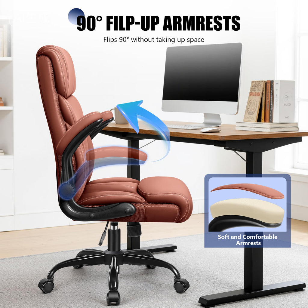 Brown High Back Office Chair with Flip-up Armrests Q28942