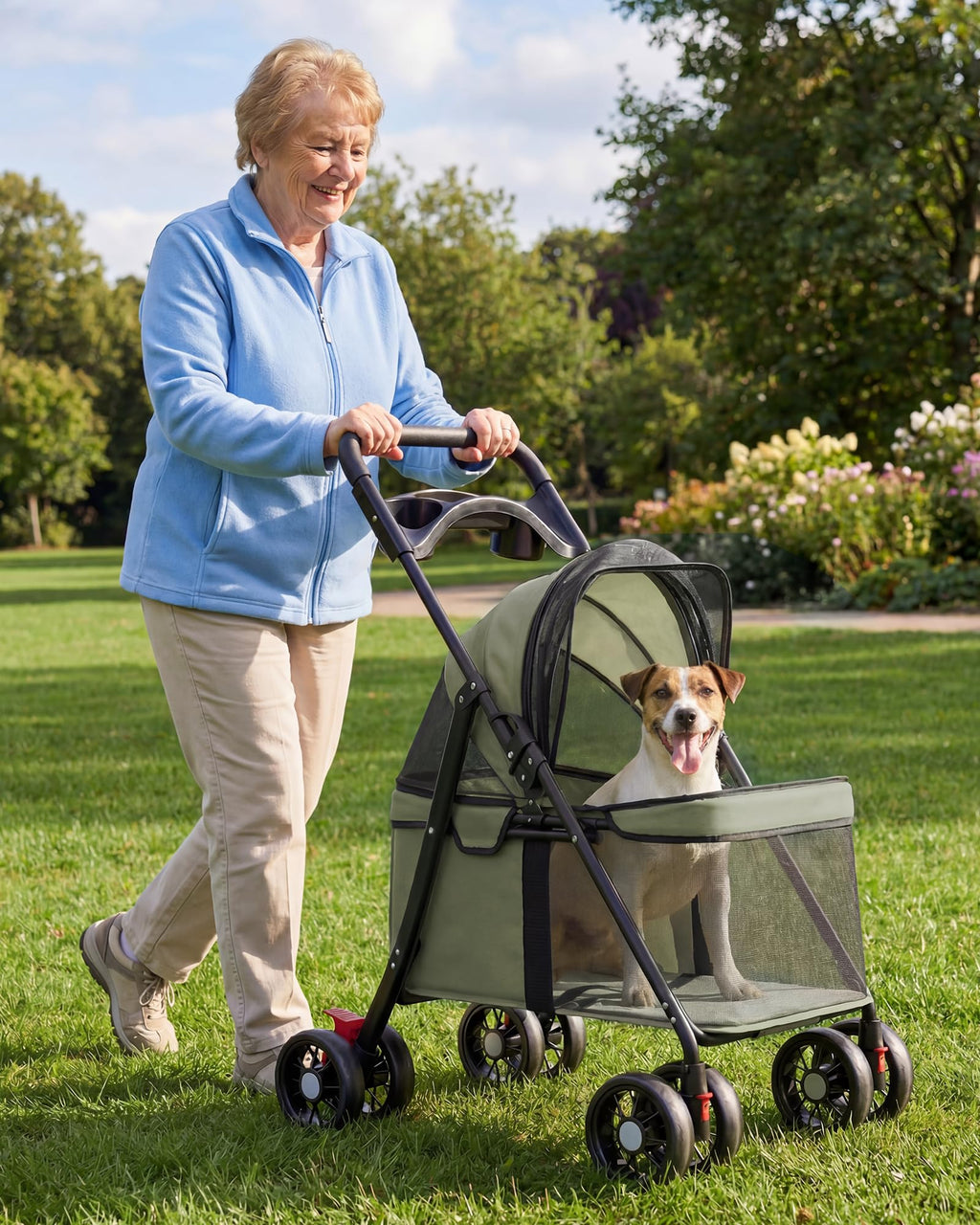 Foldable Pet Stroller for Small Dogs and Cats, 33 lb, 4-Wheel, Forest Green M900
