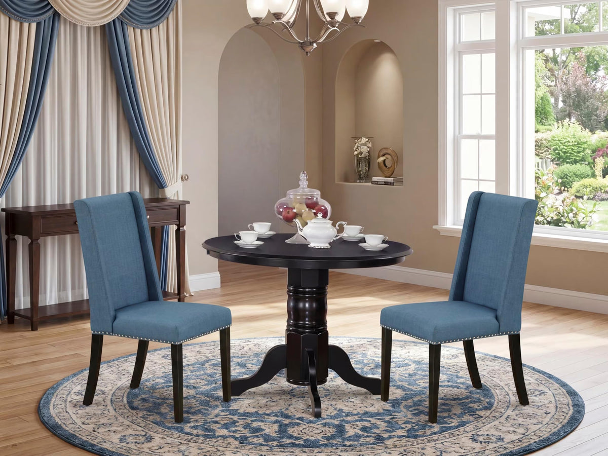 3 Piece Dining Table Set with 2 Blue Linen Fabric Chairs N33413