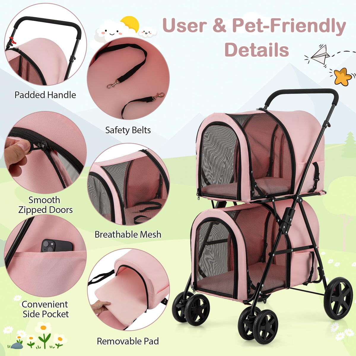 Double Pet Stroller with 2 Detachable Carrier Bags Pink A405