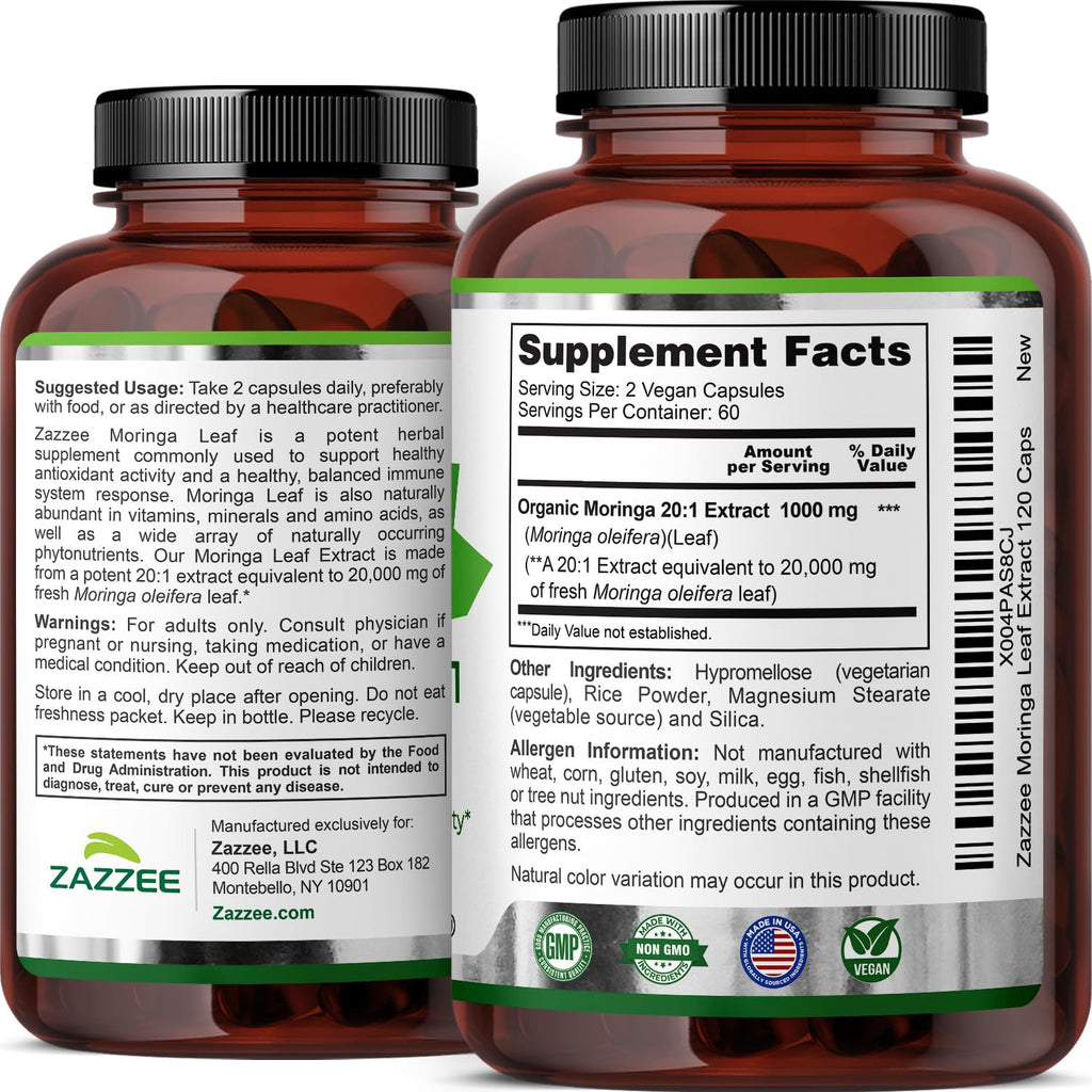USDA Organic Moringa Leaf 20:1 Extract 120 Vegan Capsules Y4513