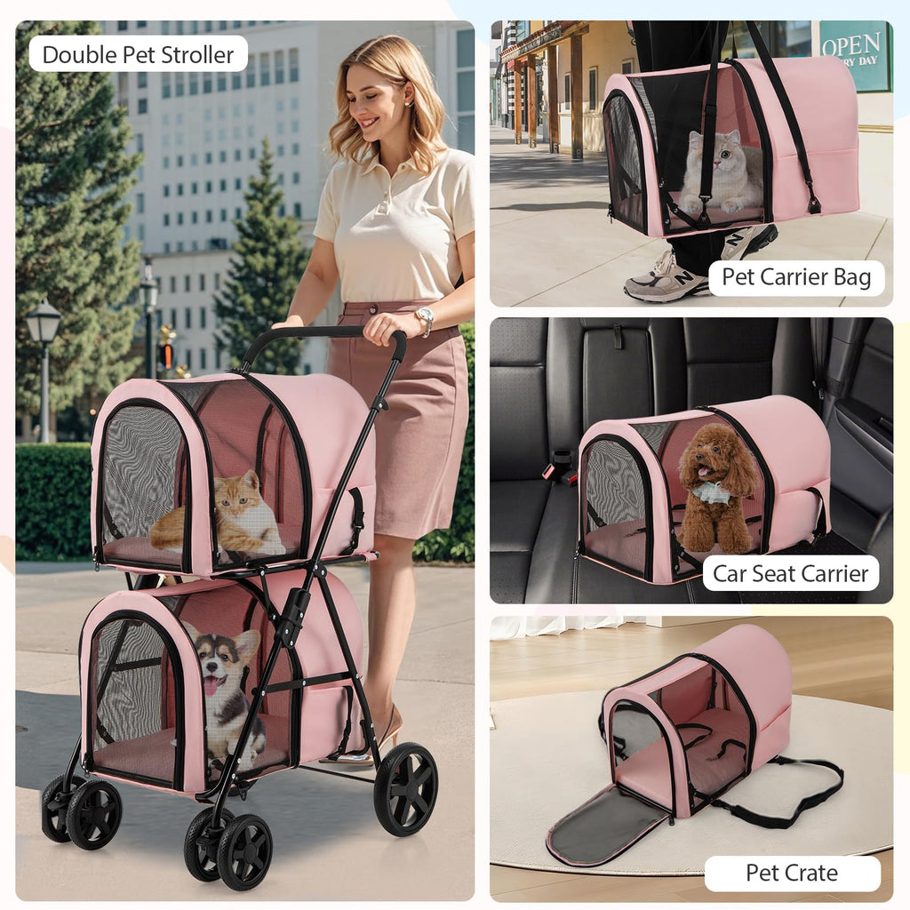 Double Pet Stroller with 2 Detachable Carrier Bags Pink A405