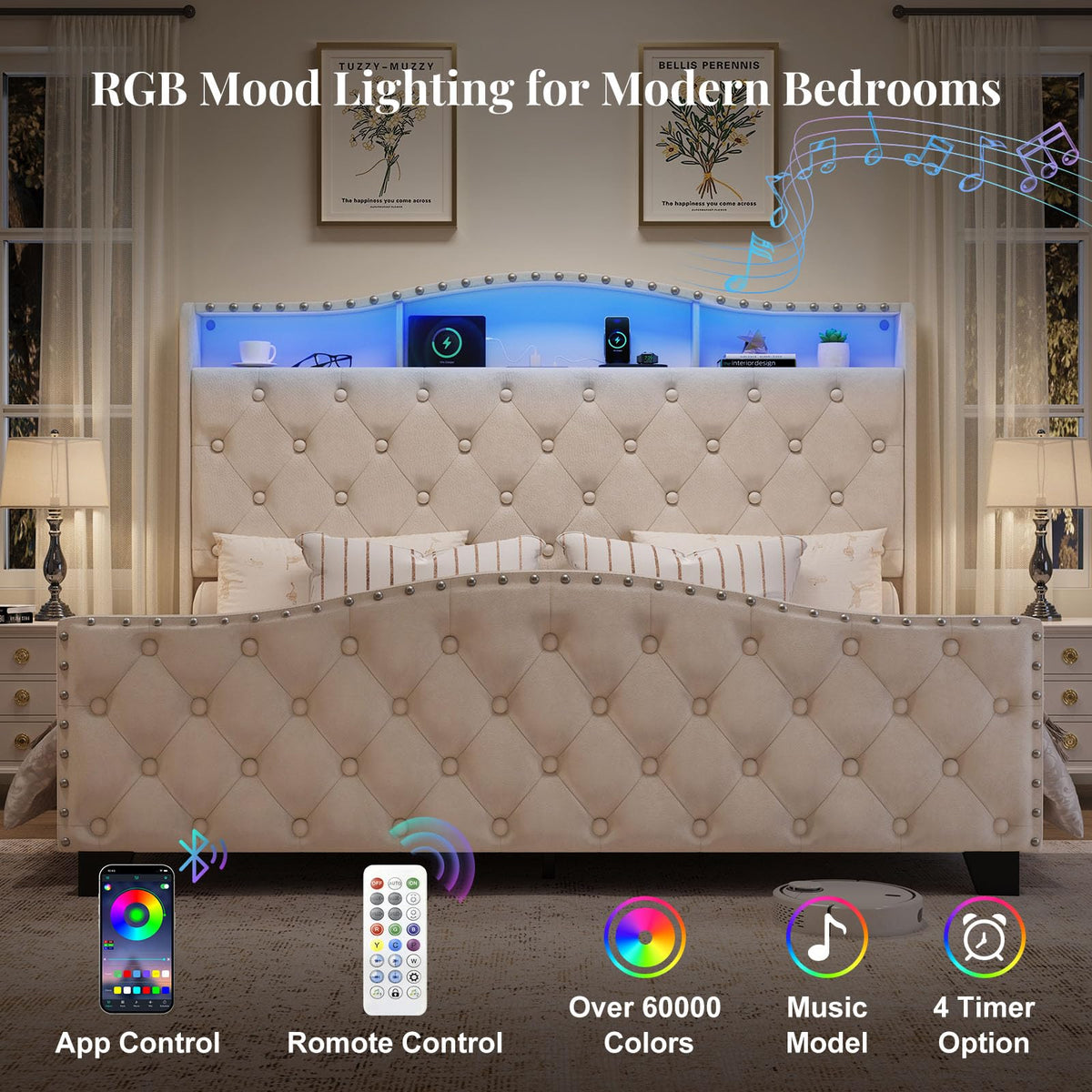 Queen Beige Platform Bed Frame with LED Headboard X1901