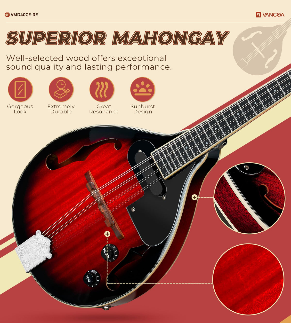Red Burst 8 Strings Mahogany Acoustic Electric Mandolin Q4551