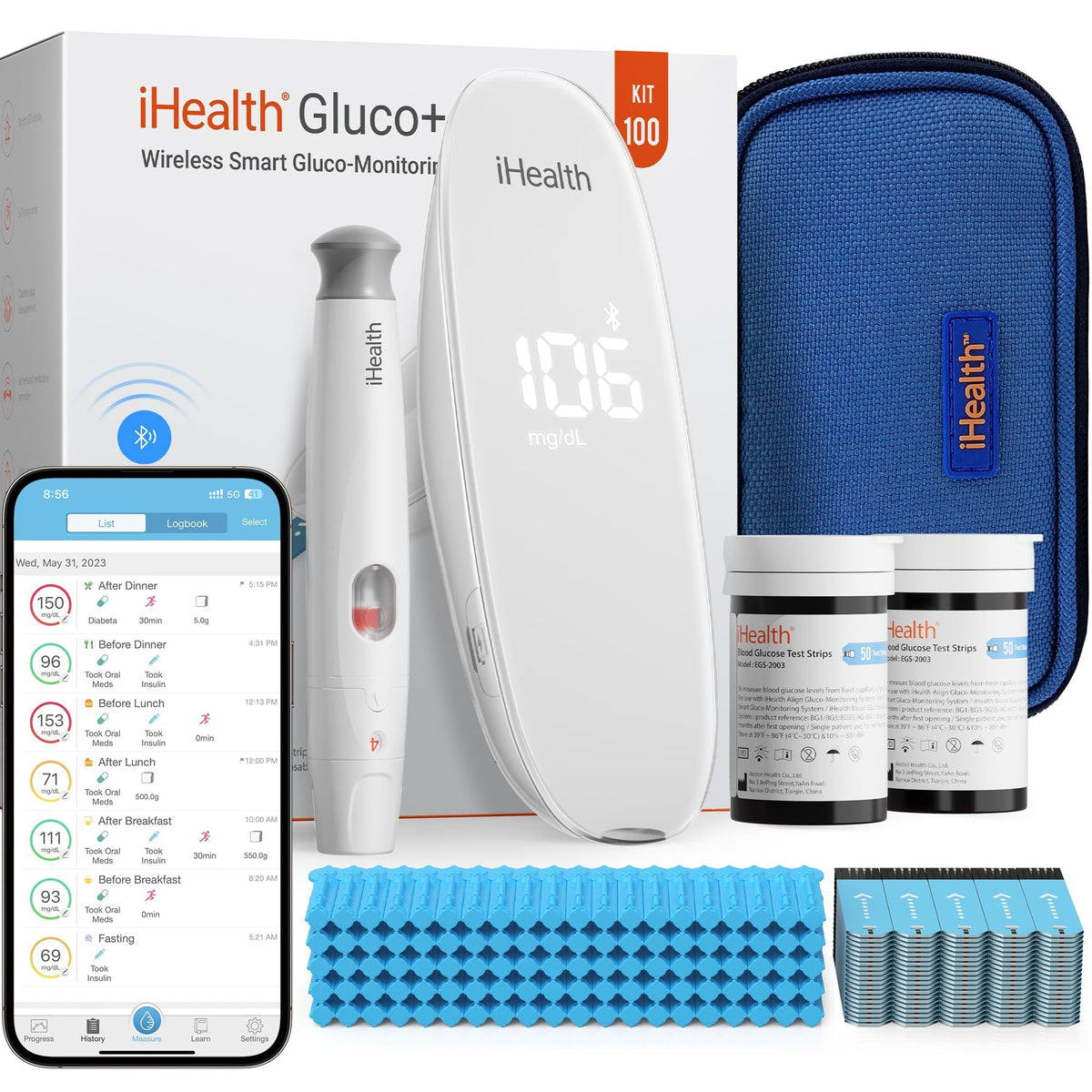 Wireless Smart Glucose Monitor Kit, 100 Strips & 100 Lancets G685
