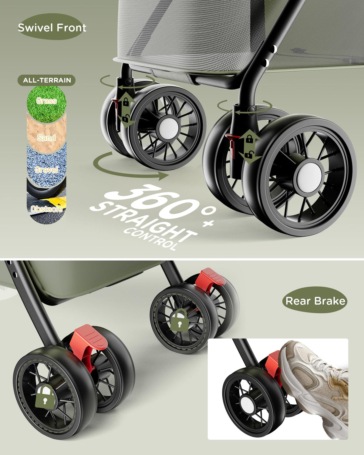 Foldable Pet Stroller for Small Dogs and Cats, 33 lb, 4-Wheel, Forest Green M900