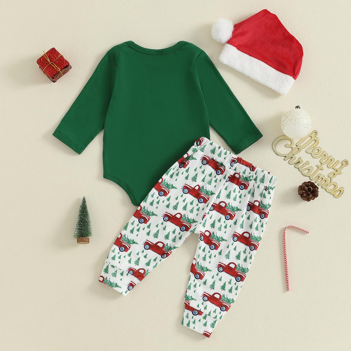Christmas Baby Boy Long Sleeve Romper Onesie Pants Santa Hat V123