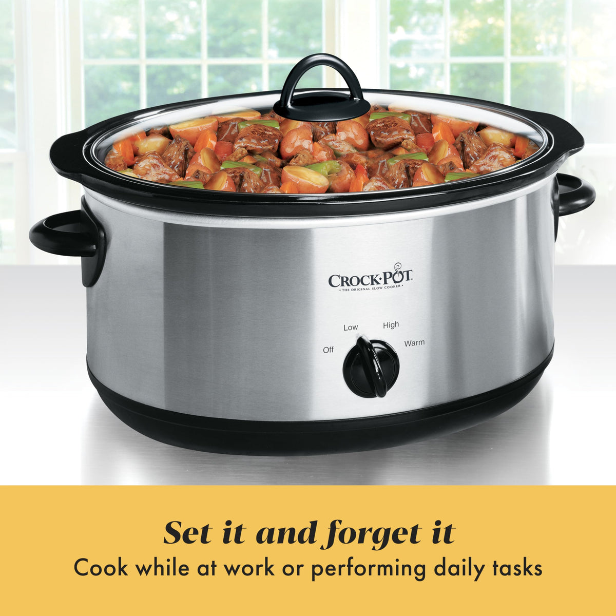 7-Quart Manual Slow Cooker, Family Size, Removable Stoneware, Dishwasher Safe, Stainless Steel Y860