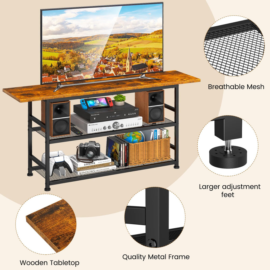 Rustic Brown TV Stand up to 55 Inch with 3 Tier Storage Shelves E1941