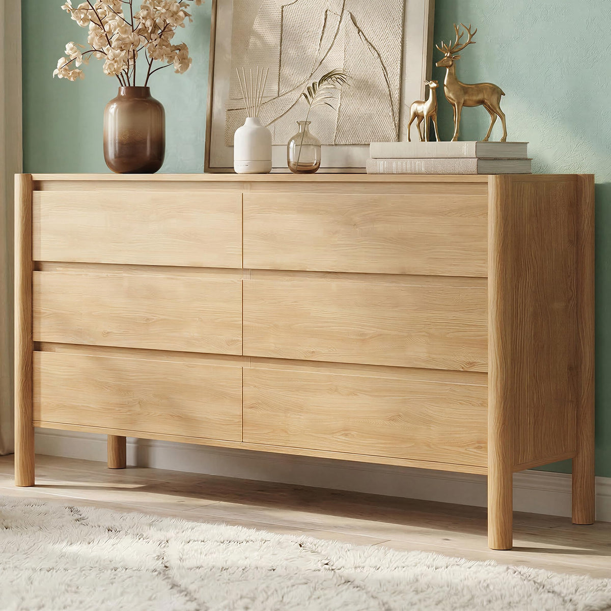 Oak 6 Drawer Dresser with Solid Wood Legs T3233