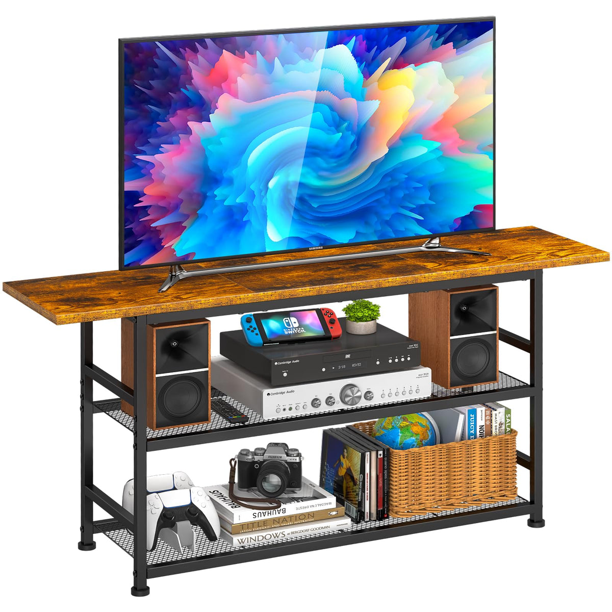 Rustic Brown TV Stand up to 55 Inch with 3 Tier Storage Shelves E1941