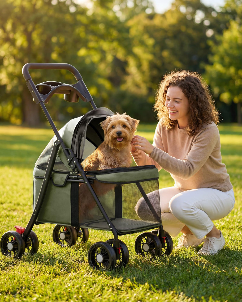 Foldable Pet Stroller for Small Dogs and Cats, 33 lb, 4-Wheel, Forest Green M900