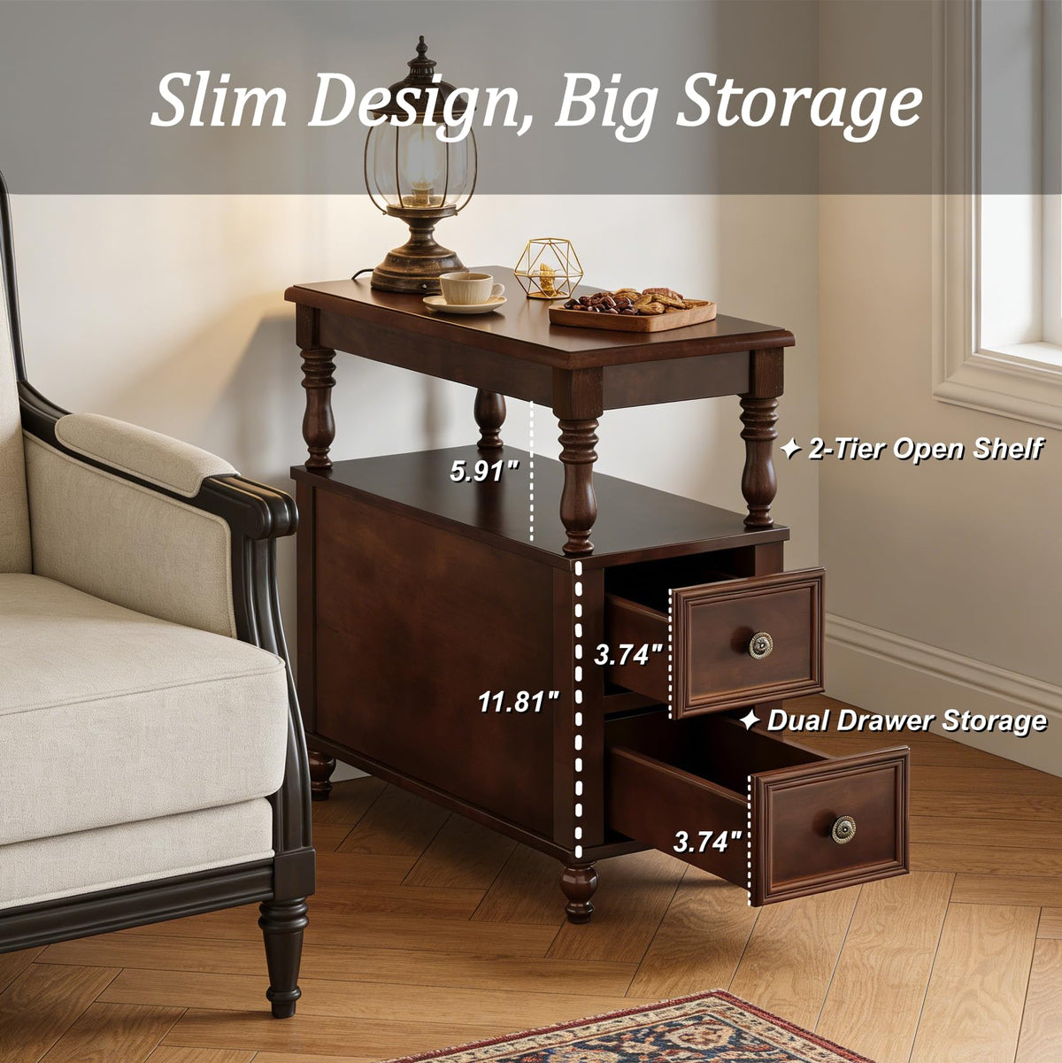 Solid Wood End Table with 2 Drawers and 2-Tier Open Shelf R730476