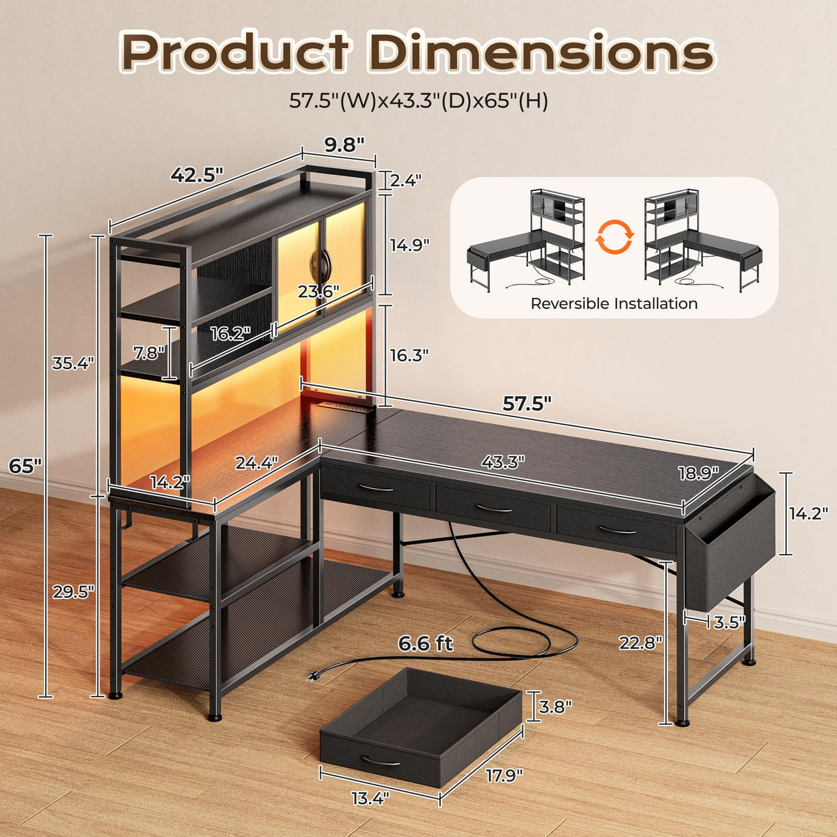 57.5 Inch L Shaped Gaming Desk with Power Outlets P692