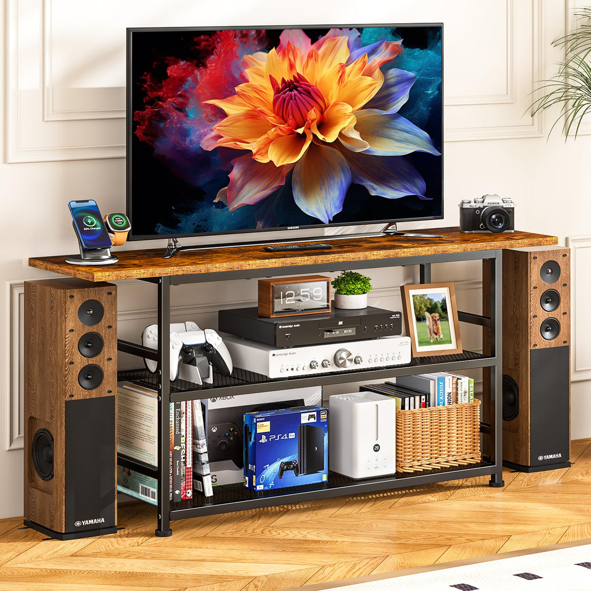 Rustic Brown TV Stand up to 55 Inch with 3 Tier Storage Shelves E1941