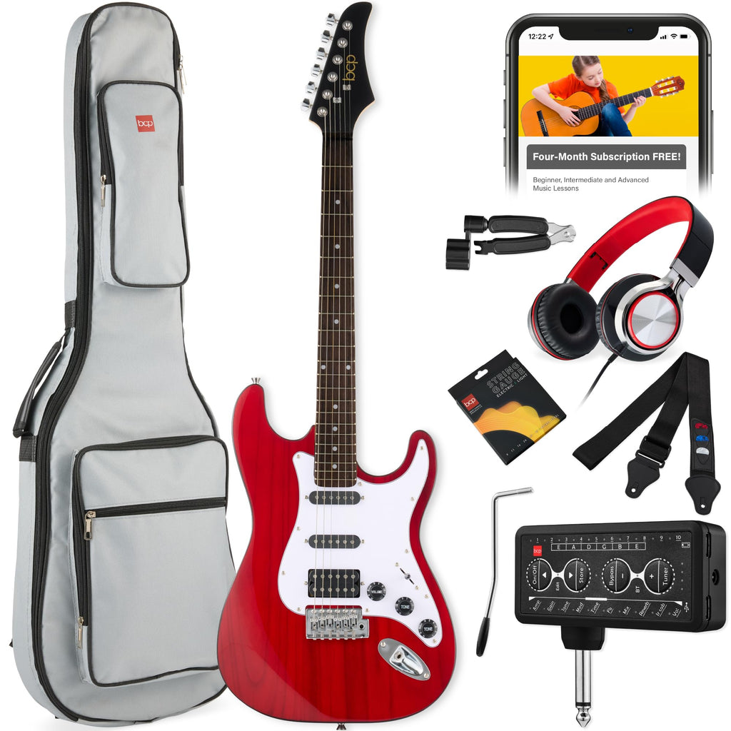 Cherry Red White Electric Guitar Kit with Headphone Amp D377